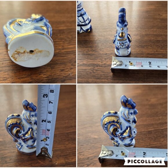 Set of 3 Gzhel Figurines Hand Painted Gilded Porcelain VTG Bunny Cat Rooster Pig - Picture 5 of 16